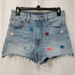 Lucky Brand Women's Jean Shorts Size 6/28 Light Wash with Fringe Pompoms